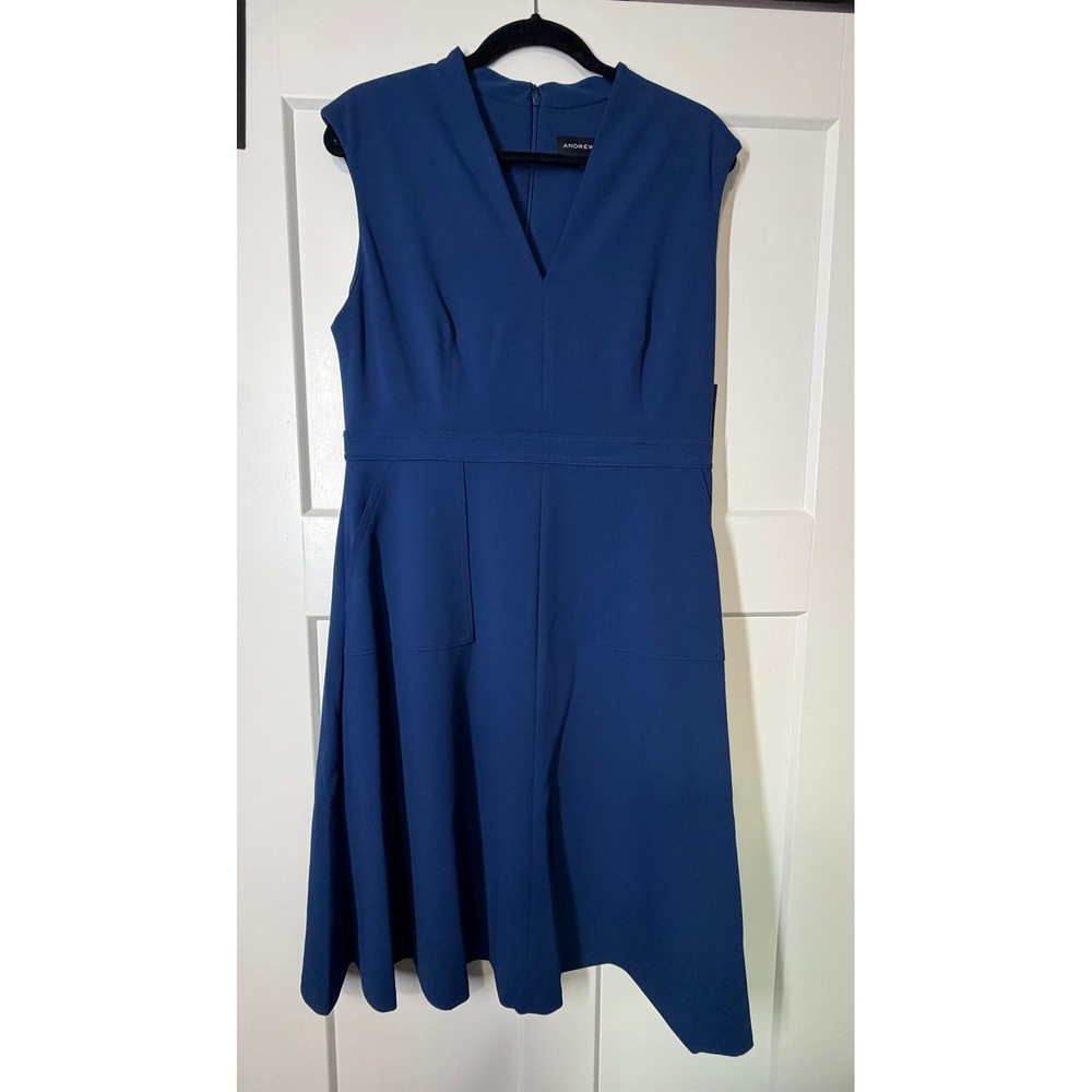 Andrew Marc V Neck Flare Dress Women Size 12 Poseidon Blue New Fit Flare Pocket